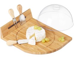Kaasstolp met plank bestek 3-delig kaasbestek bamboe kaasplankje magneetstrip - ronde uitsparing kaasstolp