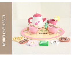 Kabeiqi Houten Speelgoed Theeset voor Kinderen - Luxe Roze High Tea Set - Montessori Rollenspel Keukenspeelgoed - Veilig Waterbasis Verf - Stimuleert Fijne Motoriek