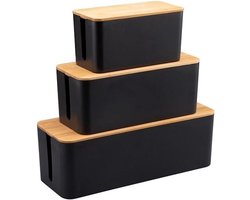 Kabel Organizer Box - Kabel Opbergdoos - Bureau Opruimen - Met Houten Deksel - 3 Maten - Zwart