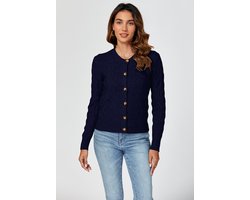 Kabelgebreide ronde hals cardigan in Marineblauw