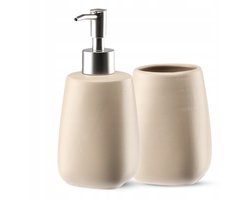 KADAX 2-delige badkamerset van keramiek, badaccessoires, badkameraccessoires, zeepdispenser, badkamerbeker, zeepbakje en wc-borstel (beker en dispenser beige)