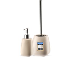 KADAX 2-delige badkamerset van keramiek, badaccessoires, badkameraccessoires, zeepdispenser, badkamerbeker, zeepbakje en wc-borstel (borstel en dispenser beige)