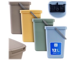KADAX afvalbak 12L, set van 4, met deksel en handvat, kunststof afvalbak, prullenbak, afvalverzamelaar (bruin, groen, geel, blauw)