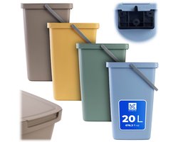 KADAX afvalbak 20L, set van 4, met deksel en handvat, kunststof afvalbak, prullenbak, afvalverzamelaar (bruin, groen, geel, blauw)