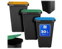 KADAX afvalbakset voor afvalscheiding, 3 x 30L, afvalbakset voor afvalscheidingssysteem, afvalsorteerder, kunststof afvalbak met klapdeksel
