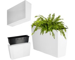 KADAX Bloembak van kunststof, 18,5 x 55,7 cm, 5 kleuren, bloempot met irrigatiebanden, balkonbak met inzetstuk, plantenbak voor buiten, bloembak (wit, rechthoekig, glanzend)