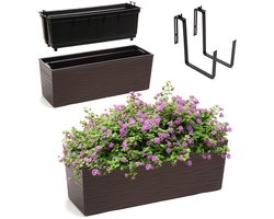 KADAX Bloembak van kunststof, 18,5 x 56 cm, plantenbak met inzet, weerbestendige balkonbak, rechthoekige bloembak, bloempot voor buiten, met houders, gekerfd patroon, mokka