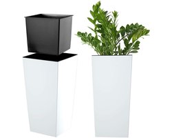 KADAX Bloempot, bloembak van kunststof, plantenbak voor bloemen, binnen en buiten, tuin, balkon, terras, huis, weerbestendig, imitatie rotan (36 cm hoog, mat wit)