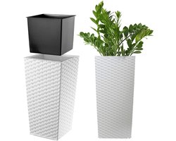 KADAX Bloempot, bloembak van kunststof, plantenbak voor bloemen, binnen en buiten, tuin, balkon, terras, huis, weerbestendig, imitatie rotan (36 cm hoog, wit rotan)