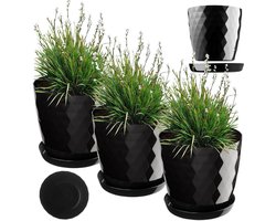 KADAX Bloempot, kunststof pannenset met onderzetter, plantenbak van licht materiaal, decoratieve kruidenpot, pot voor bloemen, planten, cactus en vetplanten, set van 3 tot 16 cm, zwart