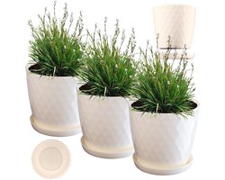 KADAX Bloempot, kunststof pannenset met onderzetter, plantenbak van licht materiaal, decoratieve kruidenpot, pot voor bloemen, planten, cactus en vetplanten (set van 3-18 cm, ecru)