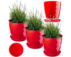 KADAX Bloempot, kunststof pannenset met onderzetter, plantenbak van licht materiaal, decoratieve kruidenpot, pot voor bloemen, planten, cactus en vetplanten, set van 3-16 cm, rood
