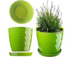KADAX Bloempot, kunststof pannenset met onderzetter, plantenpot van licht materiaal, decoratieve kruidenpot, pot voor bloemen, planten, cactus en vetplanten, set van 3 - 30 cm, groen