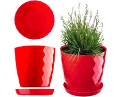 KADAX Bloempot, kunststof pannenset met onderzetter, plantenpot van licht materiaal, decoratieve kruidenpot, pot voor bloemen, planten, cactus en vetplanten, set van 3 - 20 cm, rood