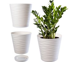 KADAX Bloempot met onderzetter, lichte ronde plantenbak voor binnen van kunststof, voor bloemen en planten (30 cm, crèmekleurig)