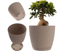 KADAX Bloempot met onderzetter, plantenpot in driedimensionale golfvorm, kunststof plantenpot, decoratieve pot voor bloemen, cactussen en kruiden (27 cm, bruin)
