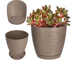 KADAX Bloempot met onderzetter, plantenpot voor binnenshuis, lichte sierpot van kunststof, bloempot voor bloemen en planten, huis, kamer, 13 cm, beige