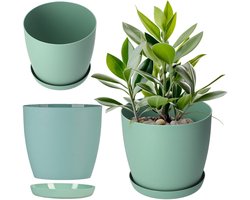 KADAX Bloempot, plantenbak met onderzetter, ronde bloembak van kunststof, matte pot voor cactus, varens, glanzende buitenpot voor balkon, woning en terras ( 18 cm, munt)