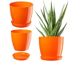 Kadax bloempot, plantenpot met onderschotel, ronde bloempot voor binnenshuis, elegante sierpot van kunststof, bloempot voor bloemen en planten, lichtgewicht plantenpot (Ø 20 cm, oranje)