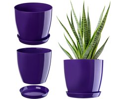 Kadax bloempot, plantenpot met onderschotel, ronde bloempot voor binnenshuis, elegante sierpot van kunststof, bloempot voor bloemen en planten, lichtgewicht plantenpot (Ø 20 cm, paars)