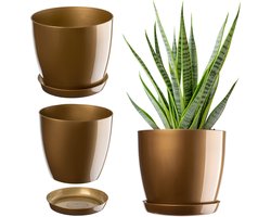 Kadax bloempot, plantenpot met onderschotel, ronde bloempot voor binnenshuis, elegante sierpot van kunststof, bloempot voor bloemen en planten, lichtgewicht plantenpot (Ø 20 cm, goud)