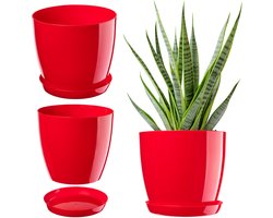 Kadax bloempot, plantenpot met onderschotel ronde bloempot voor binnenshuis, elegante sierpot van kunststof, bloempot voor bloemen en planten, lichtgewicht plantenpot (Ø 20 cm, rood)