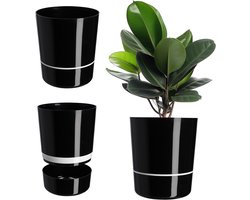 KADAX Bloempot, ronde plantenbak, tweedelige plantenpot voor bloemen en planten, balkon, moderne kunststof bloempot voor binnen en buiten, glanzend (25 cm, zwart)