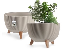 Kadax Bloempot, van kunststof, met drie insteeksteunen, rond, bloemenschaal, plantenbak, bloembak, voor balkon, woonkamer, 33 cm diameter, taupe