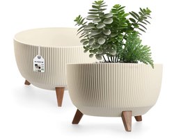 Kadax Bloempot, van kunststof, met drie insteeksteunen, rond, bloemenschaal, plantenbak, bloembak, voor balkon, woonkamer, 40 cm diameter, crème