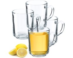 KADAX Doorzichtige glazen beker met handvat, vaatwasmachinebestendige drinkglazen met handvat, koffieglazen van glas, theeglazen, waterglazen, glazen kopjes voor warm (4 x 240 ml)