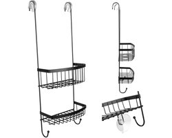 KADAX Doucheplank met twee douchemanden, 20,5 x 10 x 58 cm, doucheplank om op te hangen voor glazen douchedeuren zonder boren, ruimtebesparend badkamerrek met haken (zwart)