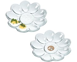 KADAX Eierborden van glas, diameter 21,5 cm, praktisch bord voor eieren, eierhouder, robuuste eierplank, eierhouder, eierhouder, eierbakje (2 x bloemenvorm, transparant, 18 eieren (2 x 9)