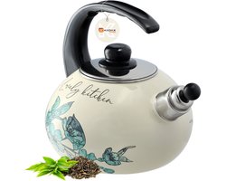 KADAX Fluitketel 2,2 l, geëmailleerde kookketel voor kokend water en het bereiden van warme dranken, theeketel voor inductie en gasfornuis (bloemen)