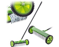 KADAX Gazonbeluchter met wielen, tuinkrabber voor gazon, tuin en mos, metalen hark, handmatige verticuteerder, tuinaccessoires, gazonbeluchter, cultivator (met steel)