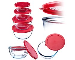 KADAX Glazen kom met deksel, set van 4, mengkom voor bakken, levensmiddelen, koken, voorbereiden, ronde vershouddozen voor levensmiddelen, 0,5-2 l kom van glas, vaatwasmachinebestendig