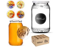 KADAX inmaakpotten 900 ml TO82, grote potten met schroefdeksel, inmaakpotten en fermentatiepotten voor komkommers, groenten en zuurdesem (Bunte Biene, 8 stuks)