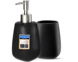 KADAX K8180 2-delige badkamerset van keramiek badaccessoires badkameraccessoires zeepdispenser badkamerbeker zeepbakje en wc-borstel (beker en dispenser zwart) Klein