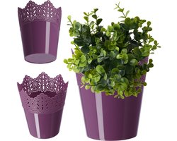 KADAX Kanten bloempot van kunststof, 9 kleuren, bloempot met kanten motief, voor kantoor, pot, tuinschaal, bloembak, plantenbak (diameter 16,5 cm, laag, paars)