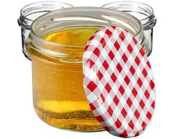 KADAX Kleine inmaakpotten, 235 ml, potten diameter 82, kleine potten voor honing en specerijen, jampotten met deksel, luchtdichte potten om cadeau te geven (rood geruit, 10 stuks)