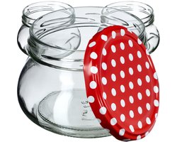 KADAX Kleine inmaakpotten, 300 ml, miniatuurpotten voor honing en specerijen, jampotten met deksel, luchtdichte potten om cadeau te geven (rood gestippeld, 10 stuks)