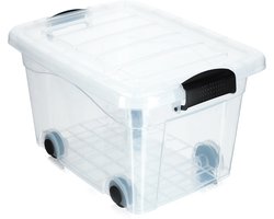 KADAX Kunststof container met wieltjes, 20 liter, transparante opbergdoos van kunststof, organizer met deksel, clipbox voor speelgoed, opbergcontainer met kliksluiting