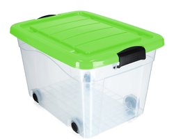 KADAX Kunststof container met wieltjes, 40 liter, groene opbergdoos van kunststof, organizer met deksel, clipbox voor speelgoed, opbergcontainer met kliksluiting