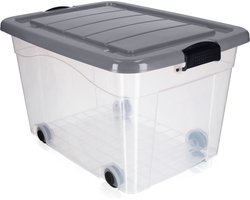 KADAX Kunststof container met wieltjes, 60 liter, roze opbergdoos van kunststof, organizer met deksel, clipbox voor speelgoed, opbergcontainer met kliksluiting