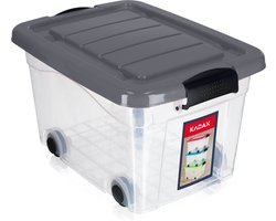 KADAX Kunststof container met wieltjes, opbergdoos van kunststof, organizer met deksel, clipbox voor speelgoed, opbergdoos met kliksluiting (20 l, grijs)