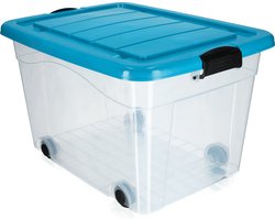 KADAX Kunststof container met wieltjes, opbergdoos van kunststof, organizer met deksel, clipbox voor speelgoed, opbergdoos met kliksluiting (60 l, blauw)