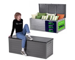 KADAX Opbergbox 390L, Tuinbox van polypropyleen, Kussenbox voor tuin, terras en balkon, Kussenbox met afsluitbaar deksel en houtlook (donkergrijs)