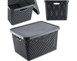 KADAX Opbergmand, mand met deksel, opbergkist, opbergdoos van plastic, moderne plankmand, container met ventilatiegaten (18 l, grijs)