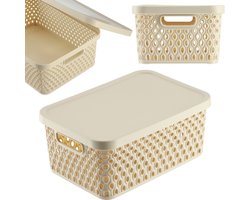KADAX Opbergmand, mand met deksel, opbergkist, opbergdoos van plastic, moderne plankmand, container met ventilatiegaten (4,5 l, beige)