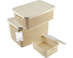 KADAX Opbergmand, mand met deksel, opbergkist, opbergdoos van plastic, moderne plankmand, container met ventilatiegaten (set van 3: 4,5L, 12L, 18L, Beige)