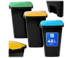 KADAX pedaalemmer 45 liter, afvalemmer met pedaal en deksel, afvalemmer voor afvalscheiding (zwart-groen + zwart-geel + zwart-blauw)